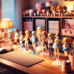 DALL·E 2024 06 02 08.00.44 A cozy desk setup with generic anime themed tabletop ornaments. The figures are displayed prominently in a well lit organized space with other anime 1
