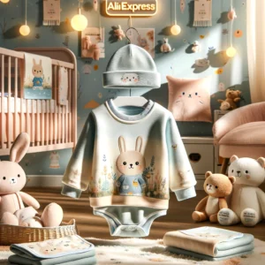 DALL·E 2024 06 02 08.02.40 A cozy baby room with a cute romper hat and bib set for newborns prominently displayed. The outfit features a cartoon print and is suitable for both 1