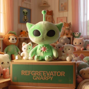 DALL·E 2024 06 02 08.05.41 A cozy room setup featuring a cute and quirky plush figure toy named Regretevator Gnarpy. The toy is an alien cat in green sitting prominently on a s 1