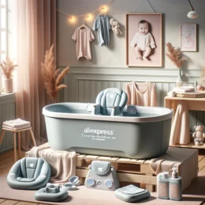 DALL·E 2024 06 02 08.23.52 A cozy bathroom setup featuring a highly durable 7 piece baby bathtub set. The set includes a non slip tub toddler bath seat and other essential bat 1