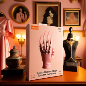 DALL·E 2024 06 02 08.43.27 A stylish room setup featuring a pair of luxury custom pink flesh spandex Zentai nail gloves. The gloves are displayed prominently with detailed atten 1