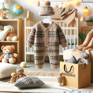 DALL·E 2024 06 02 08.48.37 A cozy baby room with a stylish plaid knitted cotton jumpsuit and hat set for newborns prominently displayed. The outfit is perfect for both boys and 1