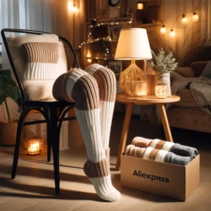 DALL·E 2024 06 02 13.26.46 A stylish and cozy room setup featuring a pair of womens winter knit leg warmers in contrast colors. The leg warmers are prominently displayed drape 1