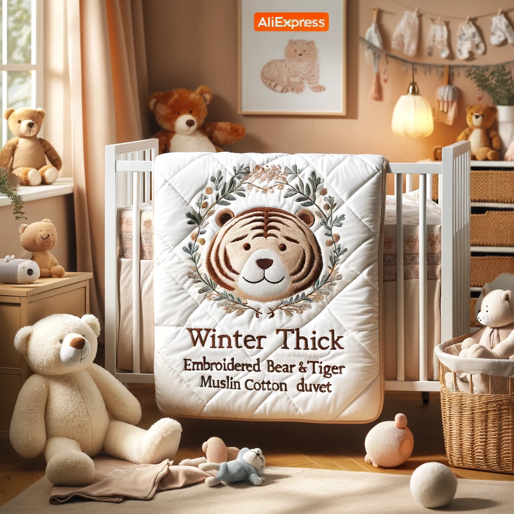 DALL·E 2024 06 02 13.30.37 A cozy baby nursery featuring a winter thick embroidered bear and tiger muslin cotton baby duvet. The soft thermal comforter is displayed in a crib 1