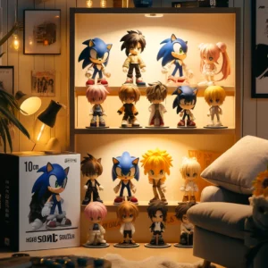 DALL·E 2024 06 02 13.33.39 A cozy room setup featuring a collection of 10CM PVC material dolls of Super Sonic Japanese Anime characters in different styles. The dolls are displa 1