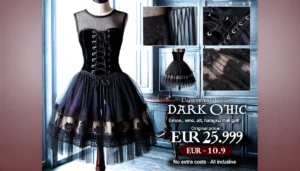DALL·E 2024 06 03 08.12.21 A vibrant image showing an elegant dark gothic dress for women with mesh patchwork and lace up high waist design. The dress exudes an emo alt vinta 1