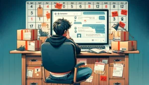 DALL·E 2024 06 03 19.09.11 A frustrated customer sitting at a desk with a laptop open showing a chat conversation on AliExpress. The customer is surrounded by paperwork and ret 1