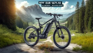 DALL·E 2024 06 04 08.49.59 A powerful electric mountain bike the Accolmile eMTB 48V 750W Bafang Mid Motor displayed on a rugged outdoor trail. The bike features an intube 20Ah 1