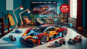 DALL·E 2024 06 04 08.54.55 A vibrant and engaging scene featuring the Technical Racing Sport Car model made from 1280PCS building blocks. The model car is displayed on a sleek s 1