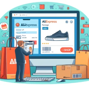 DALL·E 2024 06 04 13.29.53 An illustration of an AliExpress package delivery with a computer screen showing the AliExpress website. The background shows a person browsing the A 1