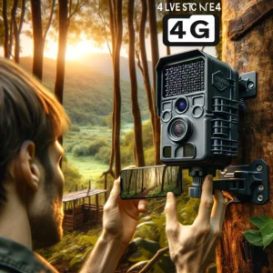 DALL·E 2024 06 07 07.47.38 A person setting up a 4K Live Stream Trail Camera in a forest environment. The camera is mounted on a tree and the person is adjusting it ensuring i 1