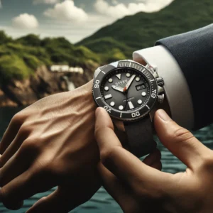 DALL·E 2024 06 07 07.50.41 A close up of the STEELDIVE SD1975C Tuna Can Classic Watch being worn by a man in an elegant outdoor setting. The watchs features such as the super 1