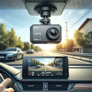 DALL·E 2024 06 07 07.54.32 A car equipped with a VIOFO A119MINI 2 Dash Cam showing the camera mounted on the windshield. The scene includes a clear view of the road ahead with 1