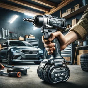 DALL·E 2024 06 07 07.58.42 A person using the ONEVAN 1800N.M Torque Brushless Electric Impact Wrench in a home garage setting. The wrench is being used to tighten or loosen a ca 1