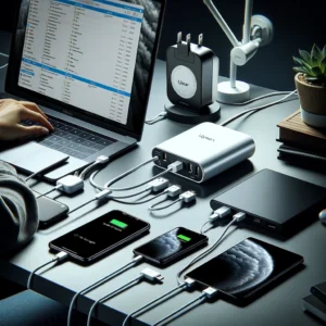 DALL·E 2024 06 07 08.07.21 A person using the UGREEN 200W GaN Charger to charge multiple devices including a laptop iPhone Samsung phone and tablet on a modern desktop setup 1