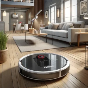 DALL·E 2024 06 08 06.34.55 A modern home interior with the Robot Vacuum Cleaner ABIR X8 in action. The robot vacuum is cleaning a hardwood floor with its laser lidar sensor vis 1