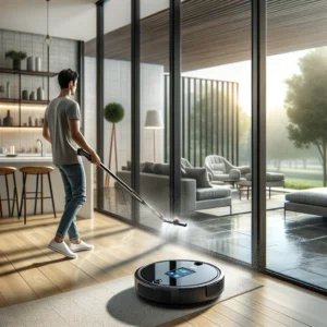 DALL·E 2024 06 08 06.49.25 A person using the Robot Window Cleaner Liectroux YW209 on a large window in a modern home. The window cleaner is spraying water and mopping the glass 1