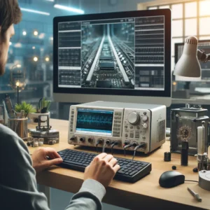 DALL·E 2024 06 08 06.55.21 A person using the DSLogic Logic Analyzer in an electronics lab. The analyzer is connected to a circuit board with various components and the person 1