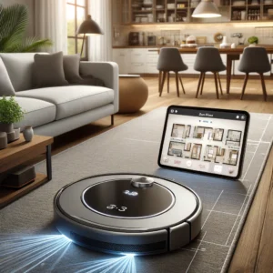 DALL·E 2024 06 08 07.06.18 A modern home interior with the ABIR X8 Robot Vacuum Cleaner in action. The robot vacuum is navigating a carpeted floor using its laser system with m 1