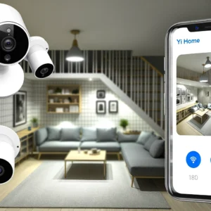 DALL·E 2024 06 08 07.10.51 A modern home interior with a YI Home Camera 1080P Kit installed in various rooms. The cameras are positioned strategically to cover key areas showin 1