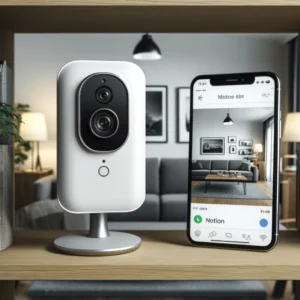 DALL·E 2024 06 08 07.15.04 A modern home interior featuring a YI 1080p Wifi Home Camera. The camera is placed on a shelf capturing clear video footage of the living room. The s 1
