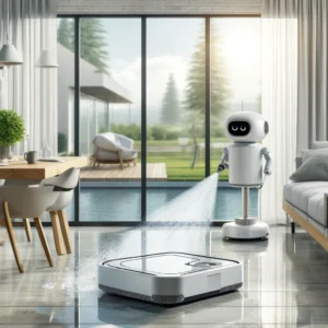 DALL·E 2024 06 08 07.22.38 A modern home with large glass windows being cleaned by the ABIR WD8 Robot Window Cleaner. The robot is shown spraying water and using its high vacuum 1