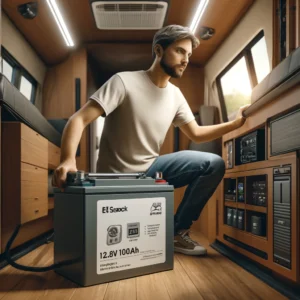 DALL·E 2024 06 08 07.29.50 A person installing a EU Stock 12.8V 100Ah Lifepo4 Battery Pack in an RV or boat. The battery is clearly visible with its specifications highlighted. 1