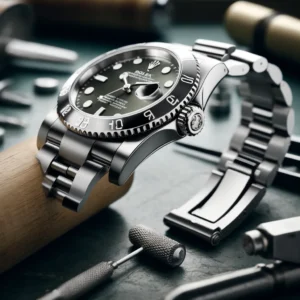 DALL·E 2024 06 08 07.34.45 A close up of a Rolex watch with a new stainless steel bracelet attached. The bracelet is highlighted showing its sleek design pull clasp and perfe 1