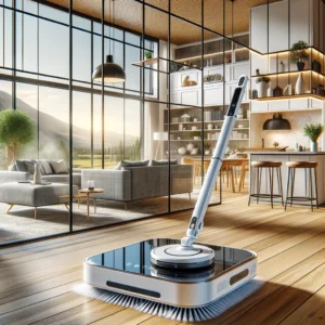 DALL·E 2024 06 08 07.42.34 A modern home with large windows being cleaned by the ABIR WD8 Window Vacuum Robot Cleaner. The robot is shown in action using its dual ultrasonic sp 1