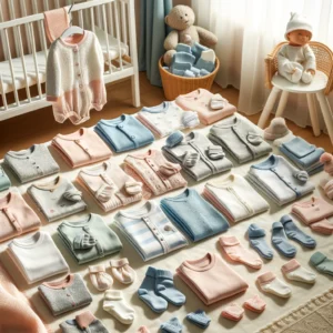 DALL·E 2024 06 08 07.48.50 A set of newborn baby clothing 15 to 20 pieces laid out neatly. The clothes are 100 cotton unisex and suitable for infants aged 0 3 months. The s 1