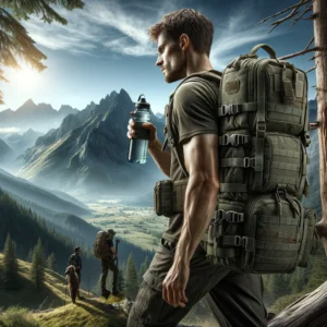 DALL·E 2024 06 08 07.53.56 A hiker in a scenic outdoor setting using the QTQY 25L 45L Tactical Backpack. The backpack is shown in detail highlighting its features such as the 1