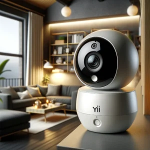 DALL·E 2024 06 08 08.27.54 A modern home interior featuring a YI Camera 1080P Wifi Dome Camera placed on a shelf showing its sleek design. The camera is capturing a clear high 1