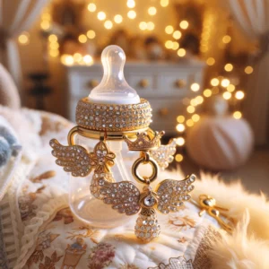 DALL·E 2024 06 08 19.40.27 A close up of the Dollbling Handmade Crystal Gold Baby Bottle and Pacifier Clips Set. The set features intricate crystal designs with gold accents in 1