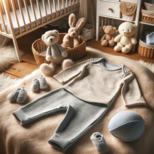 DALL·E 2024 06 09 07.15.42 A cozy nursery setting featuring the Newborn Baby Boy Outfits Set. The outfit includes a bodysuit shirt and pants made of real cotton. The scene sho 1