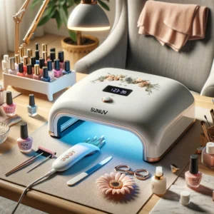 DALL·E 2024 06 09 07.34.11 A stylish and modern setting featuring the SUNUV SUN4 48W UV LED Nail Dryer Lamp. The lamp is shown on a manicure table with various nail polish bottl 1