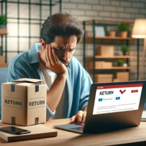 DALL·E 2024 06 09 08.06.51 A disappointed customer looking at their laptop with a return package and an online shopping website visible on the screen. The scene emphasizes frus 1