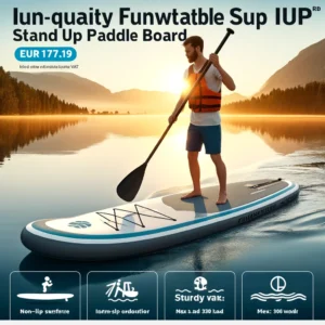 DALL·E 2024 06 12 07.46.20 A high quality FunWater Inflatable Stand Up Paddle Board SUP Board being used on a calm lake. The board should be shown in action highlighting its 1
