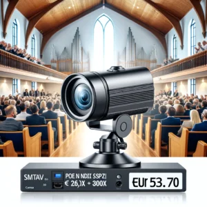 DALL·E 2024 06 12 07.51.17 A high quality SMTAV POE NDI SDI PTZ Camera set up in a professional environment showing its use for live streaming in church services business meet 1