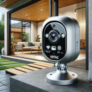 DALL·E 2024 06 12 08.20.35 A high quality VIMTAG Outdoor Mini Camera set up outside a modern home showing its waterproof feature HD night vision and integration with Alexa. T 1
