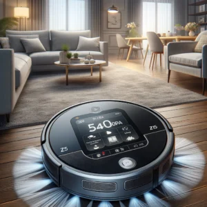 DALL·E 2024 06 12 08.34.08 A high quality Z15 Robot Vacuum Cleaner with visual navigation shown in a modern home environment demonstrating its 5400Pa power and wet mopping fea 1