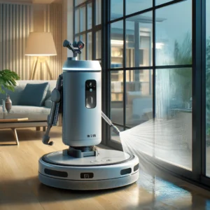 DALL·E 2024 06 12 08.39.21 A high quality image of the ABIR WD8 Robot Window Cleaner showing it cleaning a large glass window. The robot has dual water spray features smart me 1