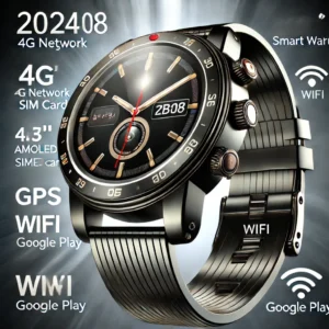 DALL·E 2024 06 13 07.58.46 A high quality image of the 2024 KB08 Smart Watch with a 4G Network SIM Card 1.43 AMOLED display 200W Camera GPS WiFi Google Play and Dynamic 1