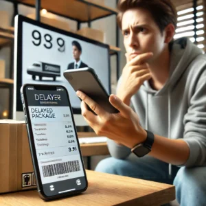 DALL·E 2024 06 15 06.18.49 A customer looking at their phone with a concerned expression checking the status of a delayed package. The background shows a modern home setting wi 1