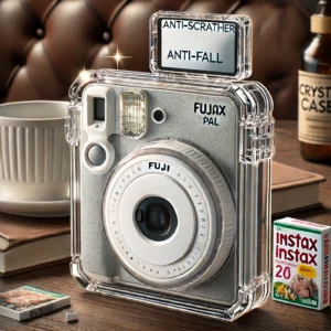 DALL·E 2024 06 15 12.48.20 A Fuji Camera Instax Pal with a crystal case showing its anti scratch and anti fall features. The case is transparent and comes with a self shooting 1