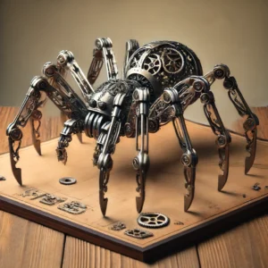 DALL·E 2024 06 16 07.17.37 A detailed image of a DIY Metal Assembly Spider Model Kit fully assembled. The model showcases intricate mechanical parts and a steampunk design set 1