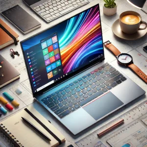 DALL·E 2024 06 16 11.25.47 A detailed image of the CHUWI GemiBook Plus Laptop opened and in use. The screen displays a bright and colorful interface with the laptop placed on 1