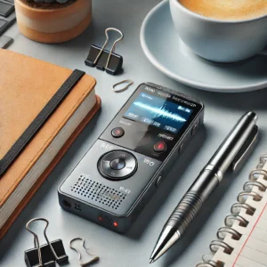 DALL·E 2024 06 16 11.31.18 A detailed image of the Mini Digital Voice Recorder placed on a desk next to office supplies like a pen notebook and a coffee cup. The recorder is c 1