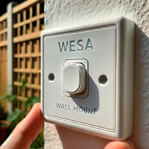 DALL·E 2024 06 16 11.43.09 A detailed image of the WESA Wall Mount Button Switch mounted on a white wall. The switch is made of white plastic and has a classic timeless design 1