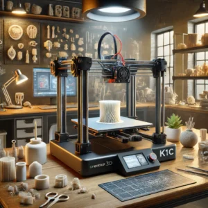 DALL·E 2024 06 16 11.46.34 A detailed image of the CREALITY 3D K1C 3D printer in a workshop setting. The printer is actively printing a project with a partially completed 3D ob 1