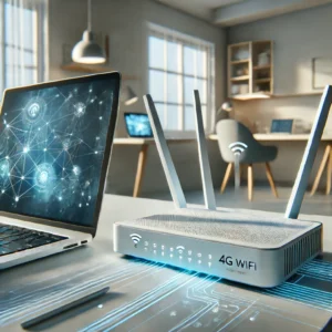 DALL·E 2024 06 16 11.57.01 A detailed image of the Zbtlink 4G WiFi Router placed on a modern workspace. The router is connected to a laptop and other devices highlighting its v 1
